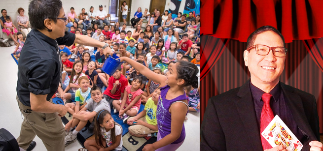 A child pick something out of a bucket and Wayne Kawamoto