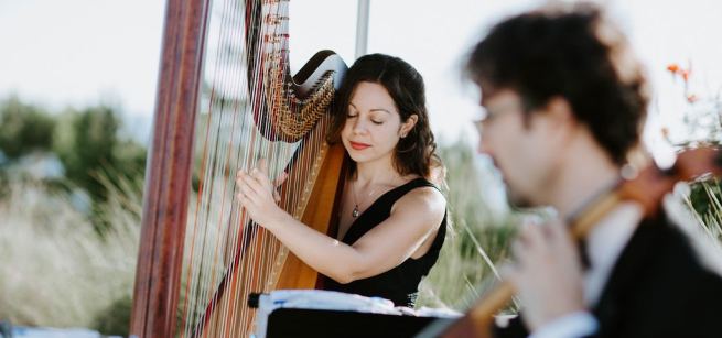 Picture of a harp and cello player performing outside.
