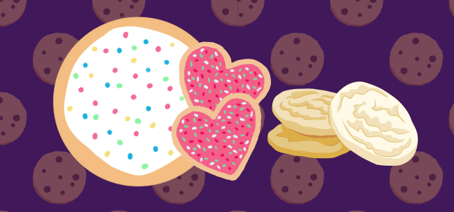 Multiple cookies on top a chocolate chip cookie background