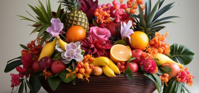 Basket of fruit and bucket of flowers