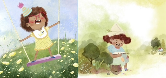 Two watercolor illustrations by Roxsy Lin of a girl playing outside.