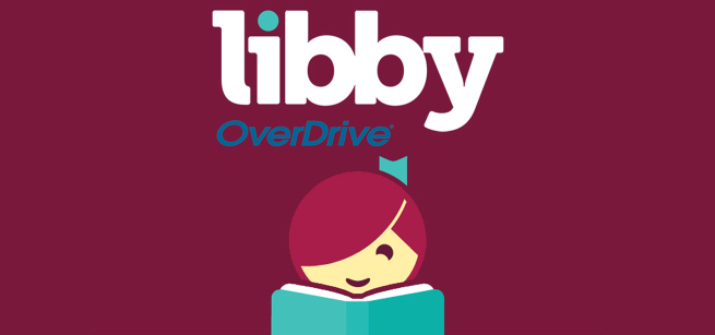 Libby logo of a brown-haired girl behind an aqua blue book