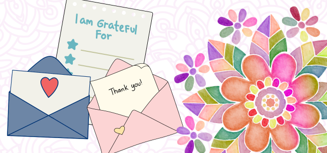 artwork of thank you cards, a paper titled "I am grateful for," and a floral mandala