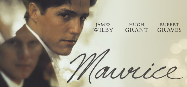 Title card from Maurice. The faces of actors Hugh Grant and James Wilby look out at the viewer.