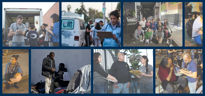 collection of photos of mobile health vans in various outreach settings