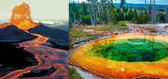 Pictures of a Hawaiian volcano erupting, and a Yellowstone mineral pool.