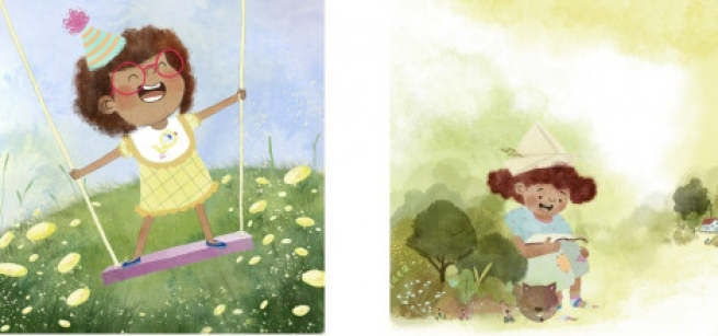 Watercolor image of a girl singing on a swing next to a girl reading in a garden.