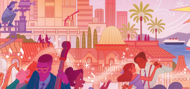 colorful illustration of people playing music and dancing