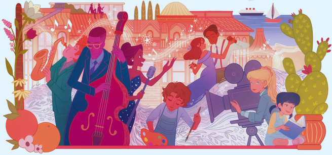 Men playing instruments, lady singing, child reading and a couple dancing