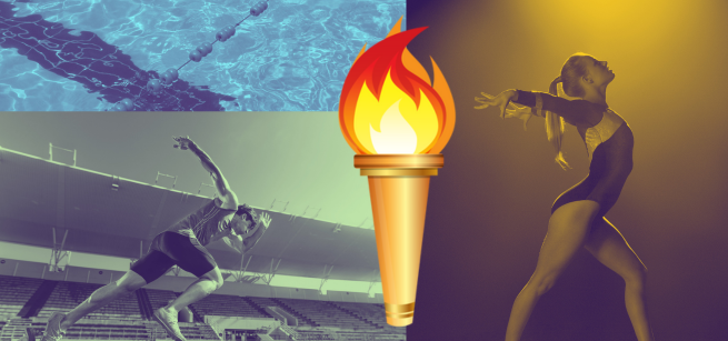 Swimming pool, runner, and gymnast with an olympic torch in the foreground.