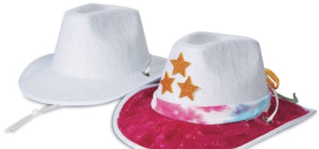 one plain white cowboy hat and one cowboy hat colored pink with gold stars