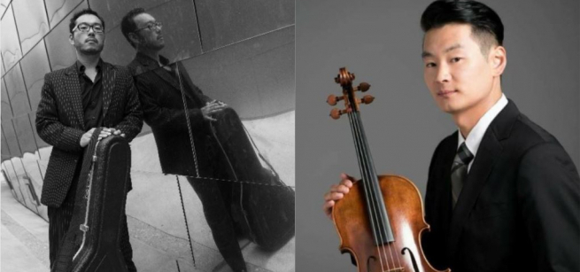 A black and white photograph of Taro Wayama holding a guitar case and a color photograph of David Lee Ruest holding a violin.