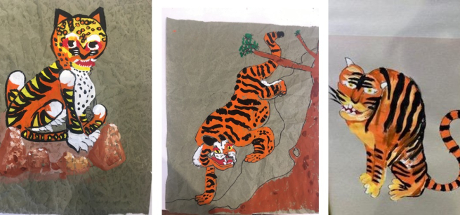 Three children's paintings of a tiger