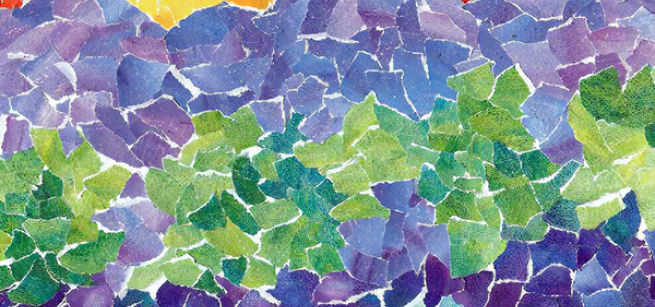 A paper mosaic of a sunset over a mountain range.