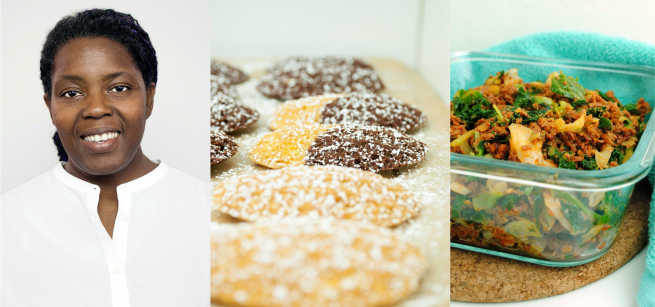 portrait of Chef Acooba and her vegan dishes