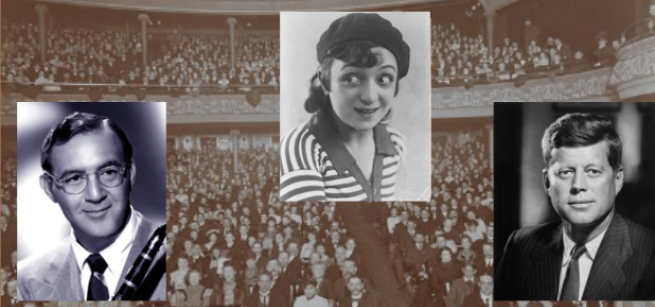 Theatre audience with insets of Benny Goodman, Molly Picon, and John F. Kennedy.
