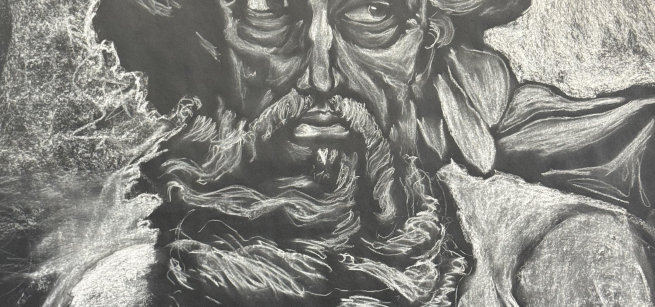 A drawing of the Roman god of the sea Poseidon using white chalk on black paper.
