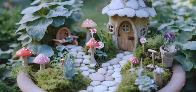 fairy garden nestled in pot amidst succulents and ferns