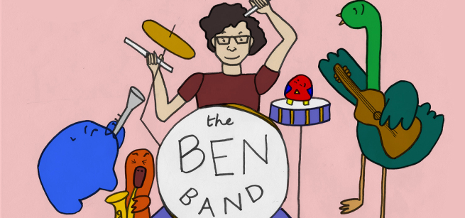 Illustration of Ben, the musician, playing drums with four illustrated animals