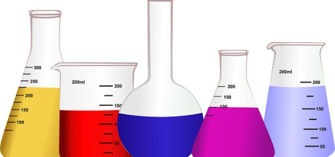 five science beakers