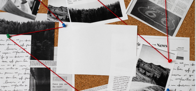 black and white article clippings letters photos pinned on bulletin board and connected by red yarn
