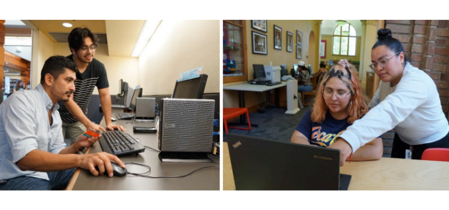 Cybernaut tech experts helping library patrons on computers.