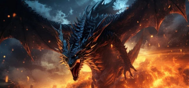 A dragon roaring with wings spread.