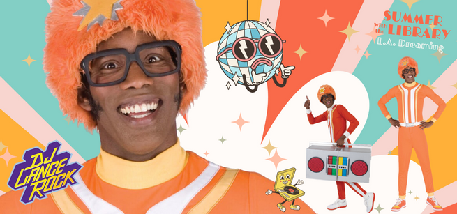 DJ Lance in front of LAPL Summer Reading LA Dreaming background