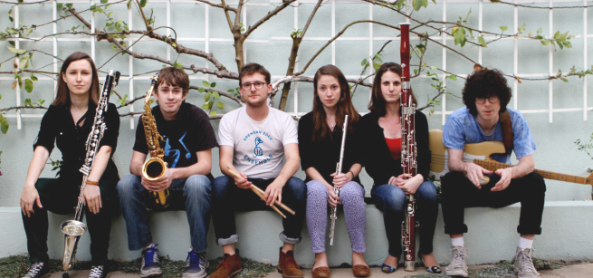 Six musicians from the Brendan Eder Ensemble are depicted with string, brass, percussion, and woodwind instruments.