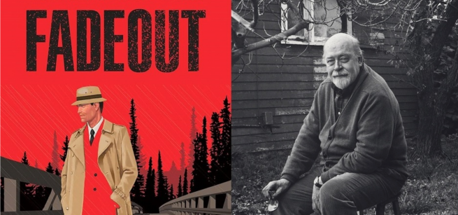 To the left is the cover of the book Fadeout, with an illustration of a man in a hat and trench coat on a red background. To the right is a black and white photo of Joseph Hansen seated outdoors in front of a house and tree.