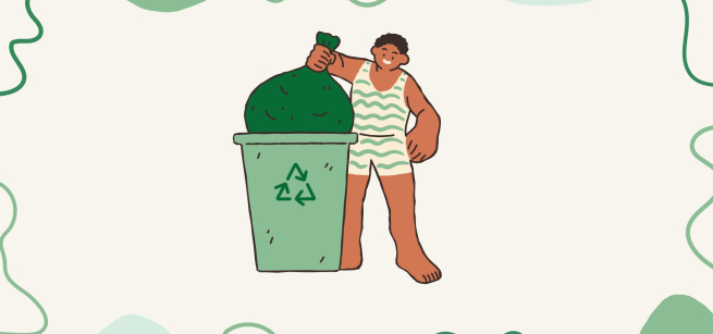 Illustration of a little boy putting a bag into a recycling bin. 