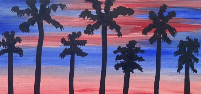 painting of palm trees in a red and blue sunset