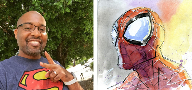 Man wearing superman t-shirt and sketch of spider-man.