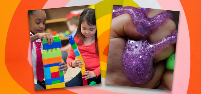 two children building towers with building blocks and a child's hand squeezing slime