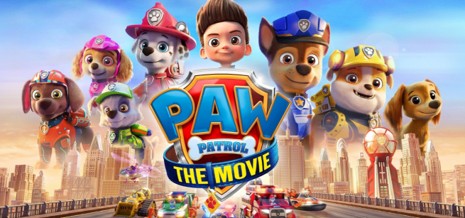 Paw Patrol movie poster with giant images of the Paw Patrol and their leader