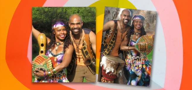 two side by side photos of man and women holding percussion instruments