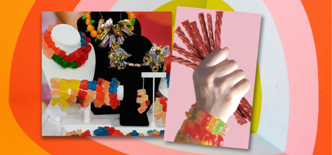 Candy necklaces and bracelets on jewelry stands and candy bracelets on wrist holding candy