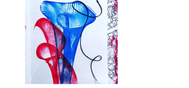 red and blue designs in paint created by pulled strings