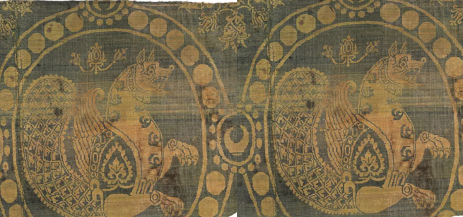 Textile fragment with Simurgh pattern, Iran, 8th-9th Century. Victoria and Albert Museum, London.