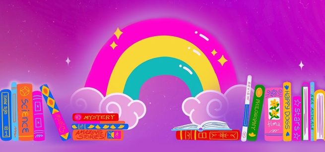 It's Reading...Rainbow pink purple flyer with books 