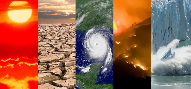 Collage of typical climate and weather-related events: heatwaves, drought, hurricanes, wildfires and changes in sea ice coverage.