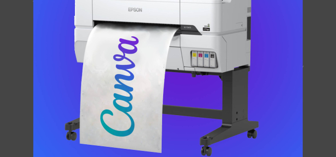 Epson printer printing a poster with the word Canva on it