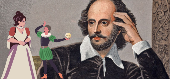 Splash image depicting a painting of William Shakespeare staring at cartoon characters from his writings.