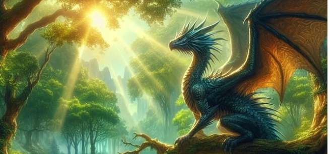 Dragon on a tree limb overlooking sun rising in a forest