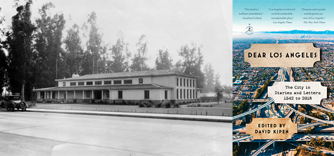Exterior of North Hollywood Library circa 1930 alongside the cover of the book Dear Los Angeles
