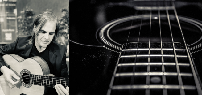 Photo of musician Fabio Zini and a close-up of a guitar