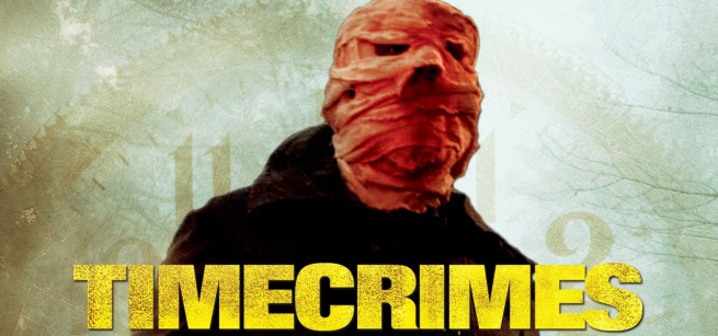 A masked man stands in front of a stylized clock, with bold, distressed text which reads "Timecrimes"