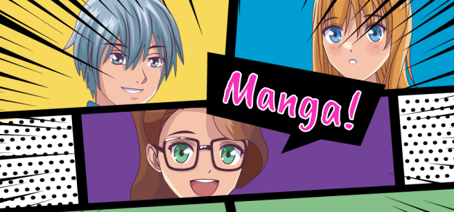 animation of three manga characters with text that reads manga