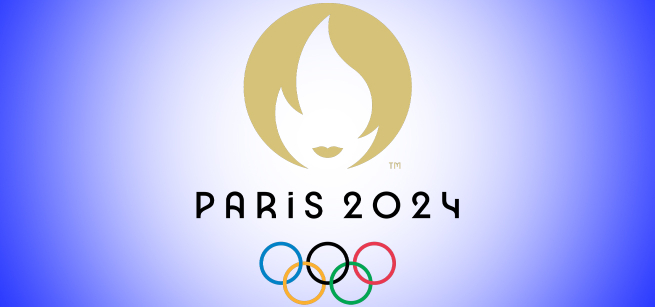 Olympic Rings on a white background, surrounded by a blue background.