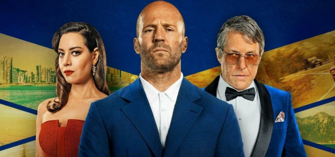 Aubrey Plaza, Jason Statham, and Hugh Grant, the protagonists, are pictured in the movie poster